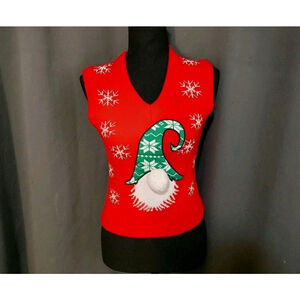 Merry Christmas by Poof NY Red Christmas Holiday Gnome Sweater Pom Pom Vest XS